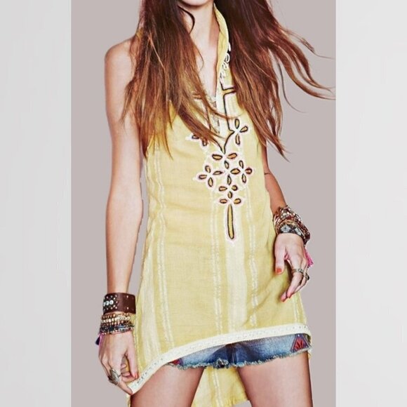 NWT Free People Tunic Top Embroidered New Romantics Yellow Large - Picture 1 of 9